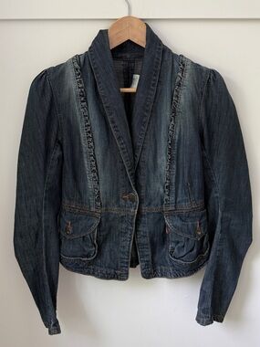 Vintage LEVI’S Y2K Denim Blazer Jacket Ruffle Trim Cropped Dark Wash